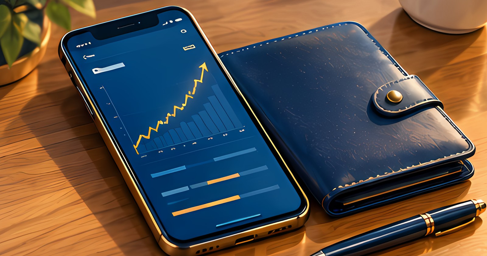 Illustration : téléphone affichant une application financière, portefeuille en cuir et stylo, pour les comptes bancaires étrangers