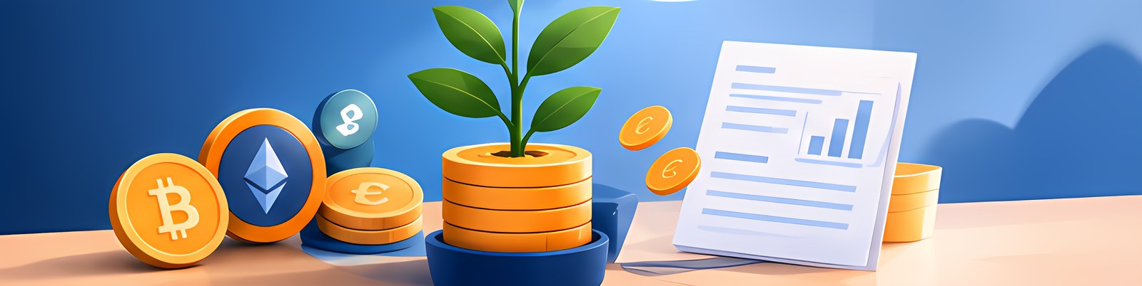 Illustration : pièces de cryptomonnaies et d’euro, plante qui pousse sur une pile de pièces et relevé à graphique, pour la fiscalité des cryptomonnaies