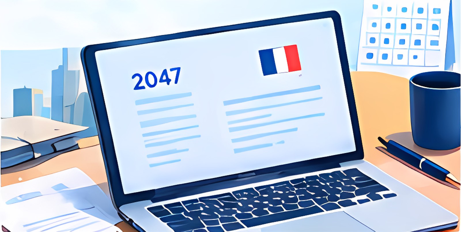 Illustration : ordinateur portable affichant le formulaire 2047 et un drapeau français, calendrier et tasse, pour la déclaration des revenus étrangers