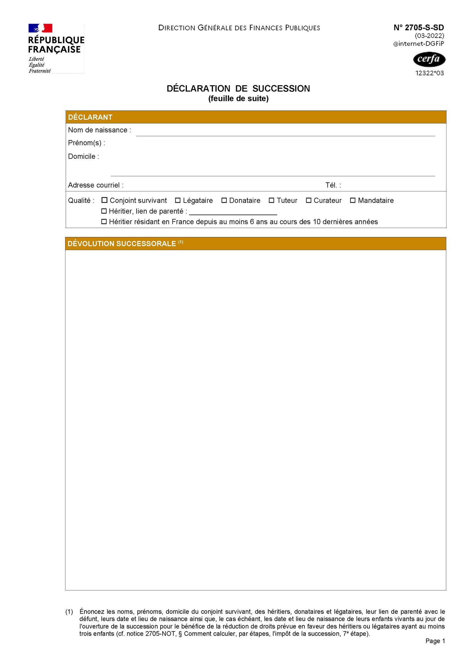 Formulaire 2705 S SD declaration succession etrangere Formulaire 2705 S SD declaration succession etrangere