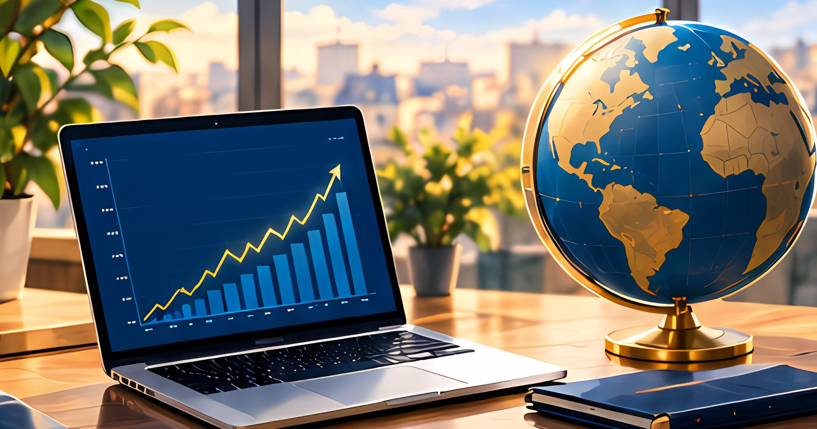 Illustration : ordinateur portable affichant un graphique de placements en hausse, à côté d’un globe, pour les intérêts et dividendes étrangers