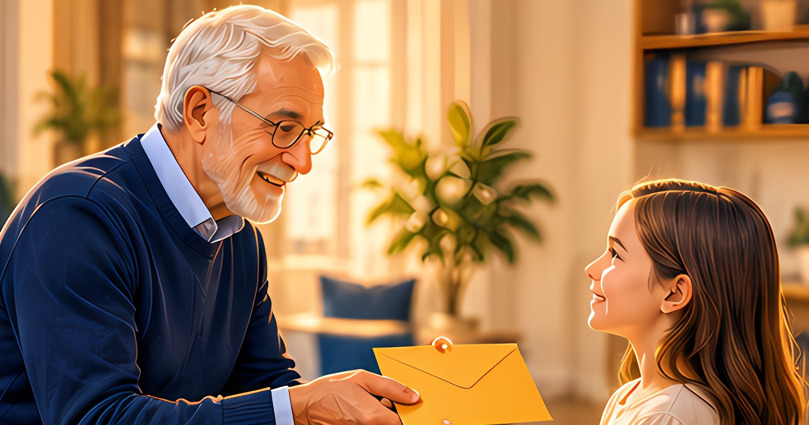 Illustration : un grand-père remet une enveloppe dorée à sa petite-fille, pour la donation internationale